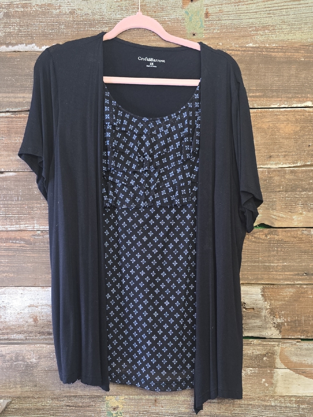 Croft & Barrow Black Layered Camisole with Printed Inset, Size 1X